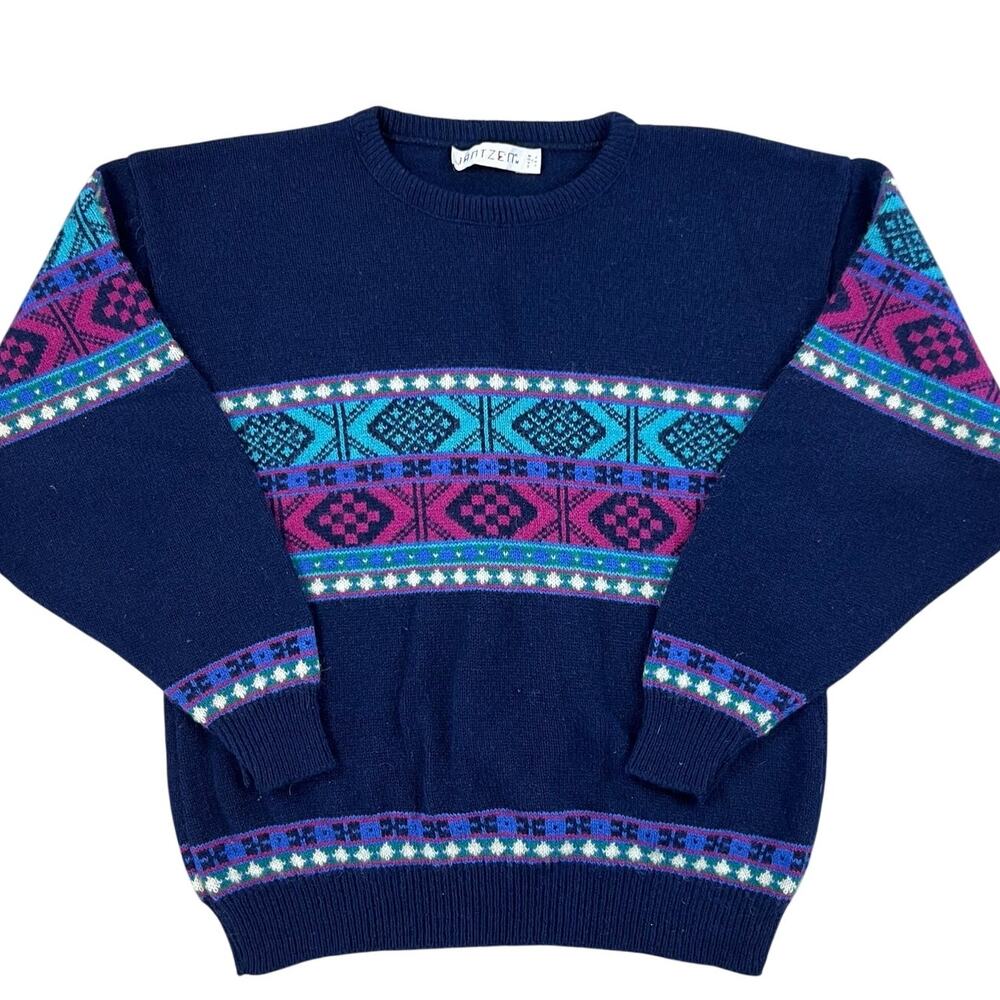 Men's Jantzen Wool Blend Navy Patterned Made in the USA Pullover Sweater (Sz M)